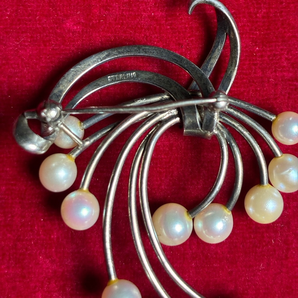 Vintage Japanese Akoya Pearl Sterling Silver Spray Brooch Pin - Picture 3 of 6